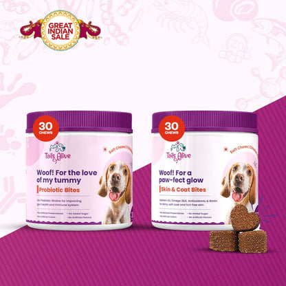 Tails Alive Probiotic + Skin & Coat Soft Chew Supplements Combo for Dogs | Chicken Flavor | Supports Gut Health & Promotes Healthy Skin